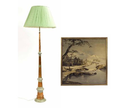 Unusual decorative Eastern silvered and copper horn converted to a standard lamp with green pleated shade, 77" high approx in