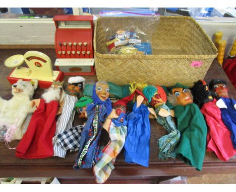 A Steiff Wolf Loopy glove puppet no.6860/10, circa 1968-78, with label and button, and a carved wooden and cloth Punch and Ju