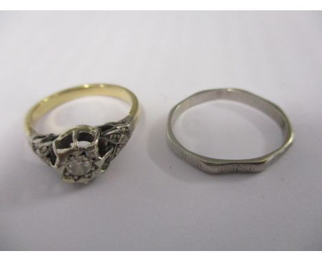 A Platinum wedding band and a gold and white metal ring set with a diamond, 5.5g 