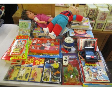 A mixed lot of toys and games to include Cabbage Patch Kids, Action Force, Star Wars, Beano comics and others 