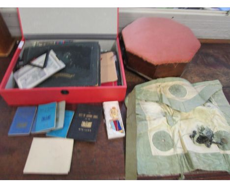 A selection of Masonic ephemera to include an apron, a medal, along with a Victorian upholstered stool and a quantity of ephe