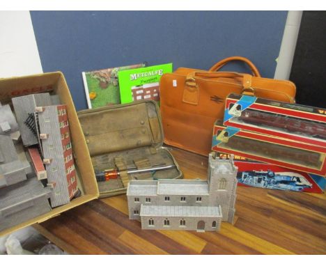 Railway items to include a tan leather vintage railway tool case containing tools, a small tool pouch, three boxed Lima carri