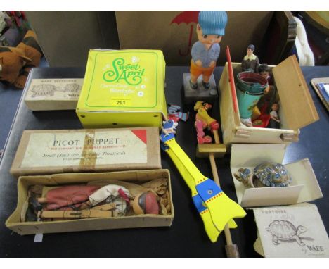 A mixed lot of toys to include a boxed Picot Puppet small 8" size, Sweet April carry case wardrobe doll with clothes 