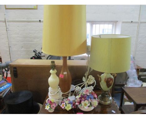 Four vintage table lamps, together with three bone china flower posy ornaments 