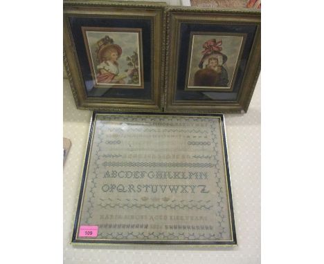 An early 19th century sampler dated 1826 A/F and two portrait prints, framed and glazed 