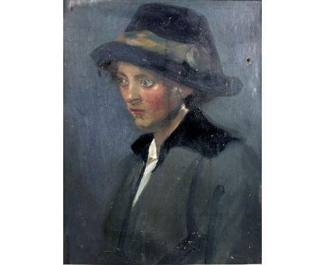 David Hillman (British, 1894-1974), portrait of a lady wearing a hat, oil on canvas, monogrammed to reverse of canvas, framed