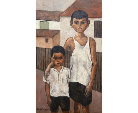 Pascal Fortunato de Souza (b. 1928), portrait of two boys, oil on board, signed lower left, framed, 128 x 77cm. 