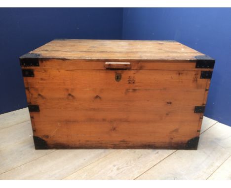 Large, antique pine trunk with hinged lid, iron handles & straps, 107Lx77Wx61Hcm