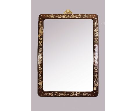 C19th/20th Chinese hardwood and mother-of-pearl inlaid mirror, the rectangular frame inlaid with birds and floral sprays, 122