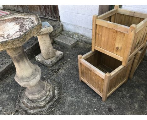 3 pine square planters, a weathered concrete sundial, weathered concrete octagonal bird bath 95cmH &amp; a pair of old cast i