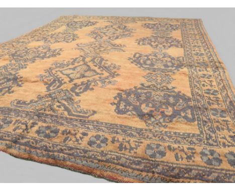 Antique Anatolian Oushak carpet light and dark blue pattern on orange ground 2.80 x 2.15 m