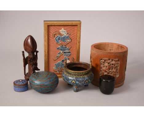 Mixed lot to include C19th Chinese cloisonne tripod censer 9cm high, two cloisonne boxes and covers, bamboo brush pot, wood f