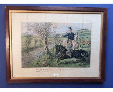 After John Leech, C19th large oak framed Hunting print relating to Raggles and Master George, 54x75cm