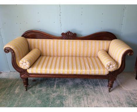 Regency mahogany double scroll end sofa with yellow Regency stripe upholstery & cushions, 206cmL