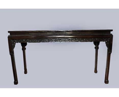 C18th/19th Chinese zitan altar table carved with archaistic scrollwork, 156 x 47 x 87.3cm. A similar pair of altar tables sol