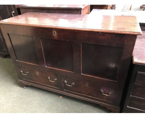 C18th oak mule chest, the planked top over a triple panel front and 2 drawers on bracket feet, 136cmW