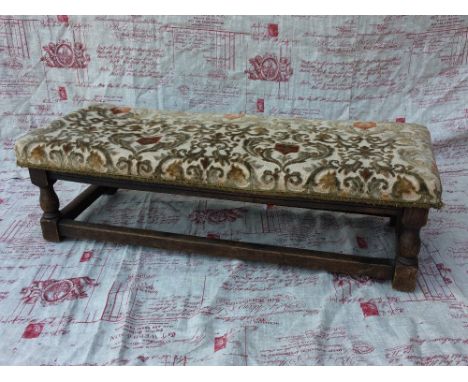 Oak framed narrow stool, upholstered, 93x36cm