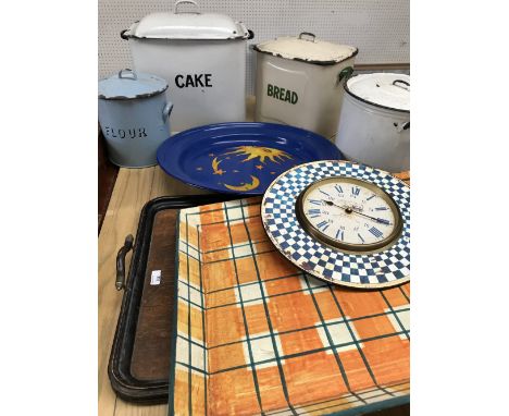 Vintage larder tins/cannisters bread, cake, flour; trays, clock etc