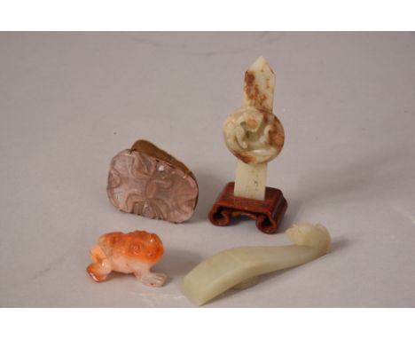 C19th Chinese jade bi disc on wood stand 10cmH; together with a jade dragon belt hook, a mounted pink tourmaline paper clip, 