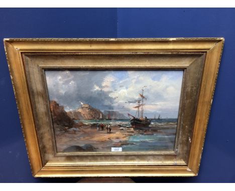 Gilt framed oil painting, Seascape, Fishing Boat and Figures on a Shoreline with Cliffs beyond, 29x40cm