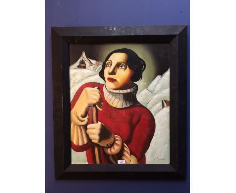 Interesting oil painting portrait of A Lady Skier of the 1930's, signed, 60x49cm