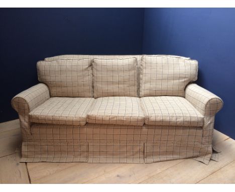 Modern beige check upholstered 3 seater sofa