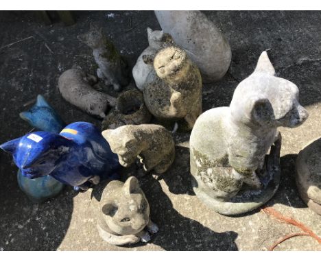 2 Ceramic cats & 10 weathered concrete cats