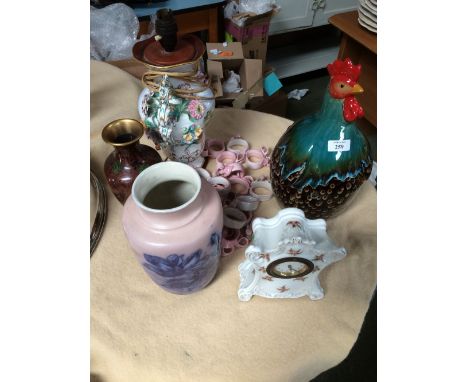 Ceramic clock, cockerel, Foresters vase, 2 handled lamp.  2 x 9 napkin rings and cloisonne vase on stand