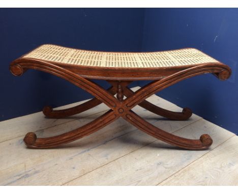 French walnut and cane back kingsize bed with Helibed mattress, together with matching stool & a pair of two tier bedside tab