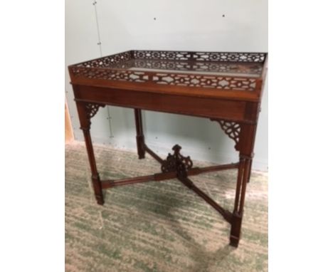 Chippendale style oblong silver table with galleried top on cluster column legs and cross stretcher, 76cm long x 52cm wide