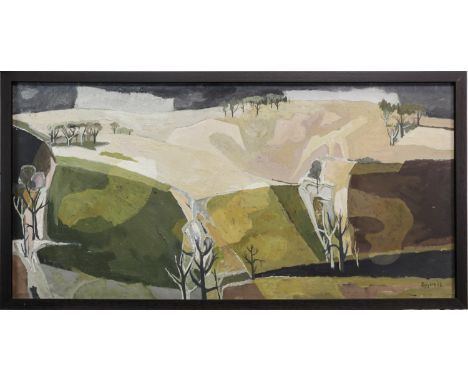 * DONALD MORRISON BUYERS RSW (SCOTTISH 1930 - 2003), FIELDS AND TREES, ABERDEENSHIRE oil on board, signed 60cm x 122cm Framed