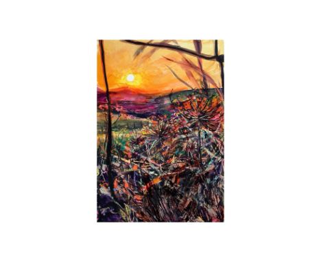 Donna Irvine, "Splendour in the Grass",  mixed media on board, 30 x 42cm, c. 2021. Inspired by the light and the idea of a fi