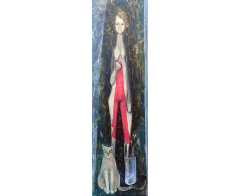 Christy Burdock, "Artist with cat", 30 x 100cm, c. 2020. A depiction of the artist as muse in the studio playing with the ide