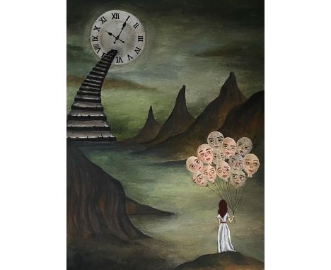 Malena Chavez, "Fear", mixed media, 21 x 28.5cm, c. 2021. The girl is heading towards a ladder that will take her to the cloc