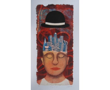 Jim Anderson, "Thinking about cities", mixed media on handmade paper, 60 x 110cm, c. 2000. A satirical and surreal image of a