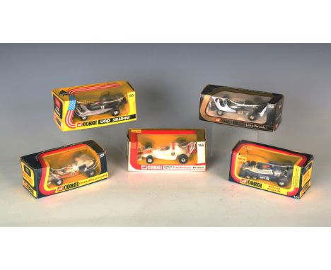 Nine Corgi racing cars, including a No. 158 Elf-Tyrrell, a No. 154 Lotus Formula 1 and a No. 155 UOP Shadow, together with a 