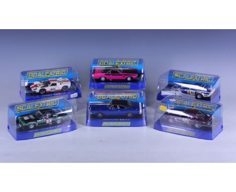 Six Scalextric American cars, comprising C3537 Dodge Challenger T/A 340 Six Pack, C3535 Dodge Charger, C3727 Ford GT40 Le Man