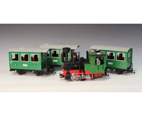 A collection of LGB (Lehman Gross Bahn) G-scale model railway items, including an 0-4-0 locomotive 2, another 0-4-0 locomotiv