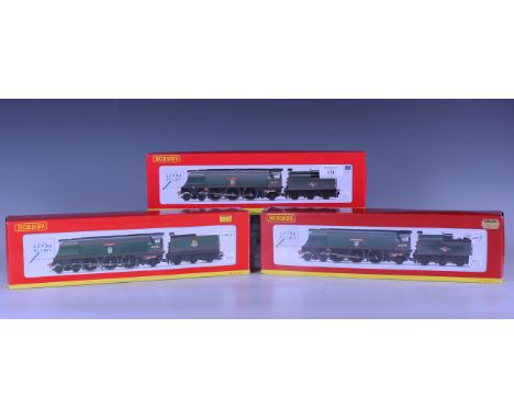 Three Hornby gauge OO West Country Class locomotives and tenders, comprising R.2282 'Weymouth', R.2316 '73 Squadron' and R.29