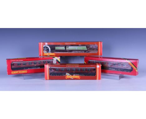 A small collection of Hornby Railways gauge OO items, comprising an R.374 locomotive 'Spitfire' and tender, five LMS coaches,