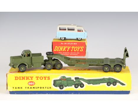 A collection of thirteen Dinky Toys, including a No. 660 tank transporter, boxed, a No. 295 Autobus, boxed, a No. 965 Euclid 