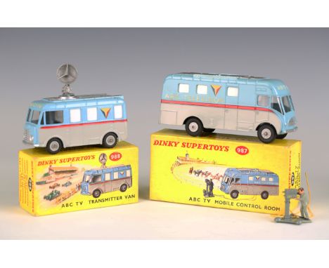A Dinky Toys No. 987 ABC TV mobile control room vehicle with cameraman, camera and cable, and a No. 988 ABC TV transmitter va