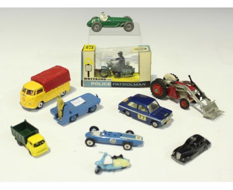 A small collection of diecast vehicles, comprising a Britains No. 9697 Police patrolman with loud hailer, within a window box