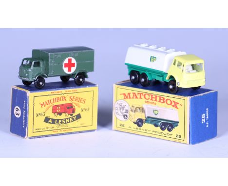 A collection of Matchbox 1-75 vehicles, including a No. 25 tanker 'BP', a No. 11 scaffolding truck and a No. 58 DAF girder tr