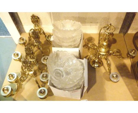Brass chandelier and four double wall lights with crystal shades