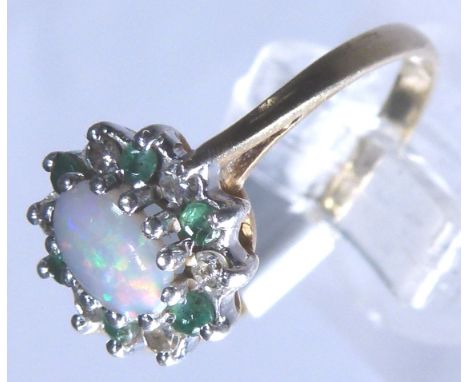 9ct gold opal, emerald and diamond cluster ring, size M/N