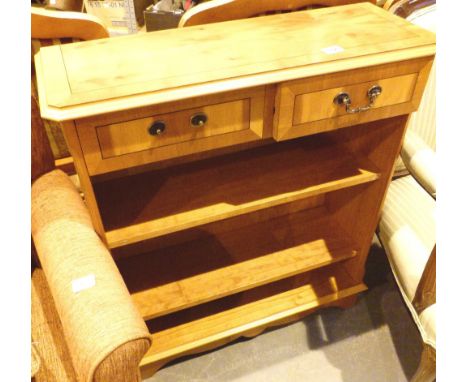 Yew wood hallway table with two drawers and a two shelf bookcase