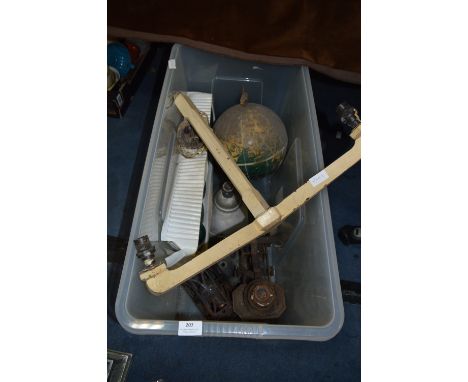 Box containing Scales, Ceiling Light Fitting, Globe, Glassware etc 