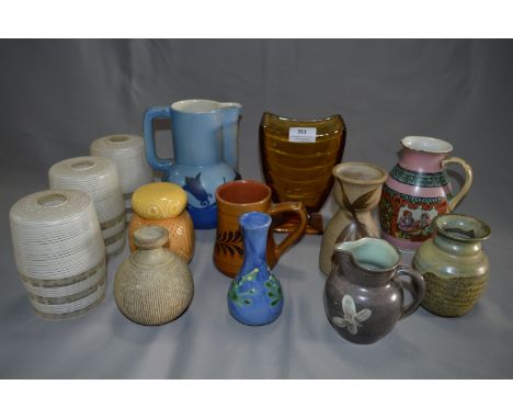 Collection of Studio Pottery Vases, Amber Glass Vase, Victorian Jugs and Light Shades