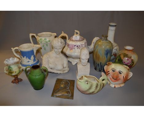 Lusterware Teapot, Jugs, Vases, Brass Plaque etc